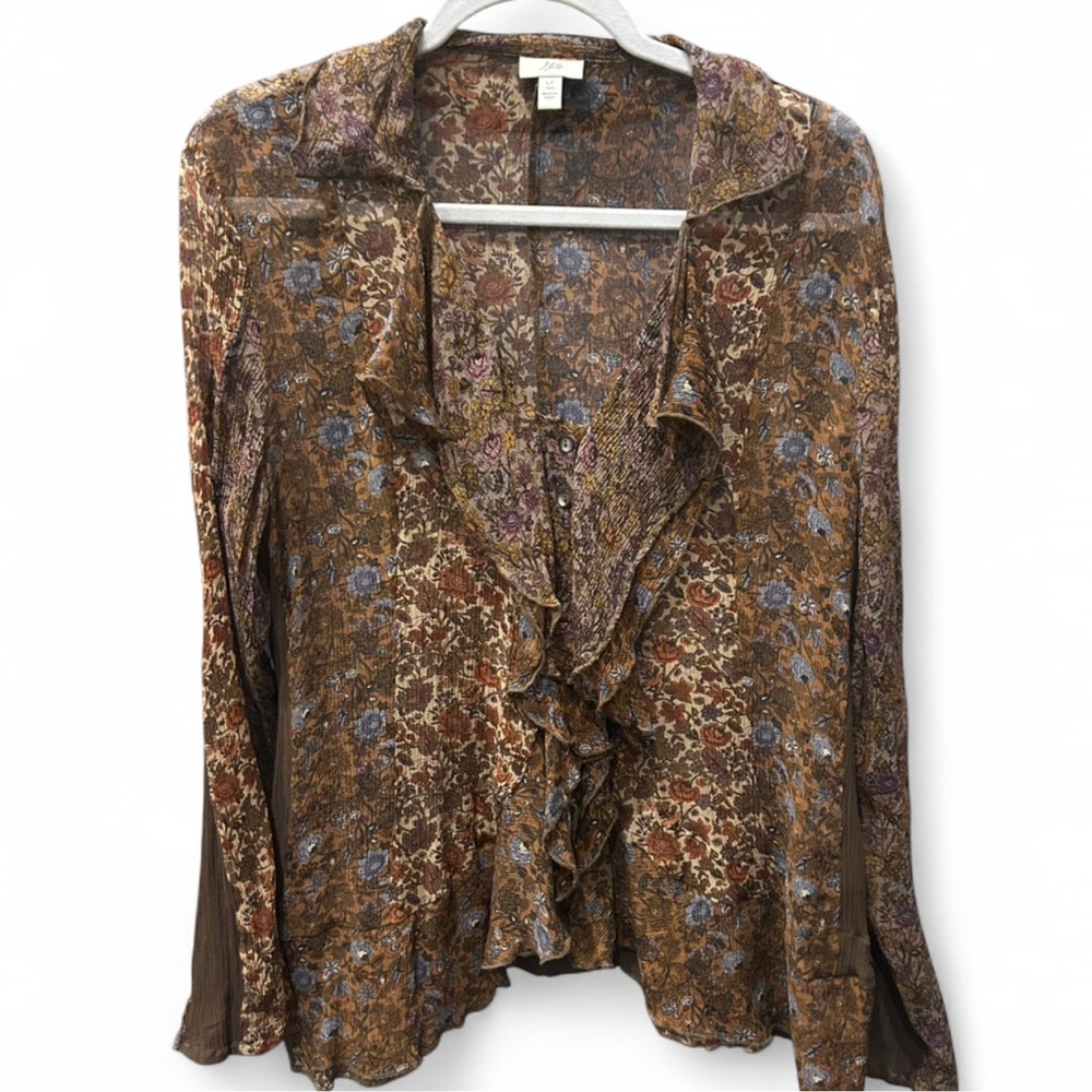 J. Jill Brown Floral Silk Ruffle Blouse